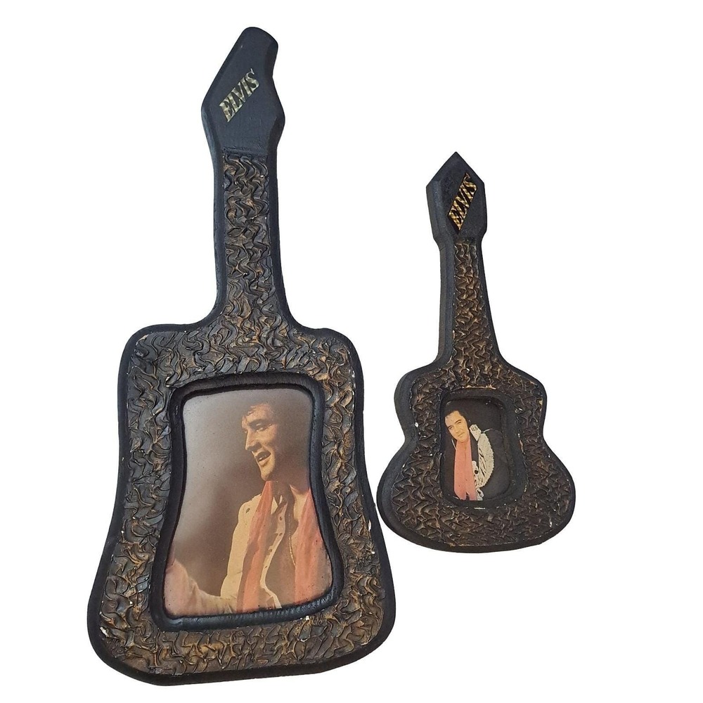 Elvis Presley Guitar Wall Art Picture Frame Set Black Gold Chalkware Vintage 70s